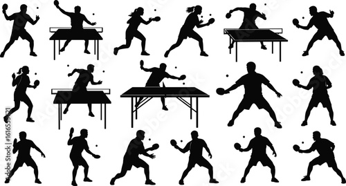 Table tennis player silhouettes in action, dynamic poses and movements, paddle techniques, black sports icons, ping pong match illustration, athletic motion design