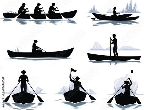 A set of black and white silhouette illustrations featuring people rowing and paddling in various small boats like canoes and kayaks.