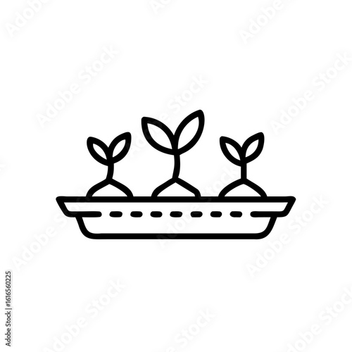 Minimalist line art icon three seedlings in a tray plant sprout