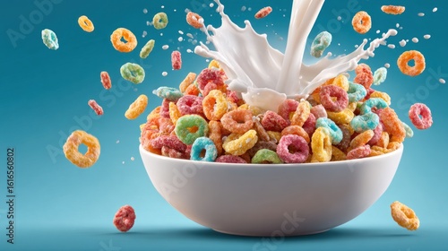 Colorful cereal bowl with milk splash