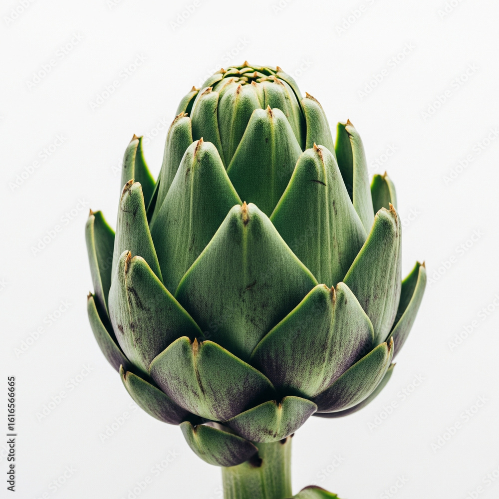 Close up of a fresh green artichoke against a white background Close up of a fresh green artichoke against a white background