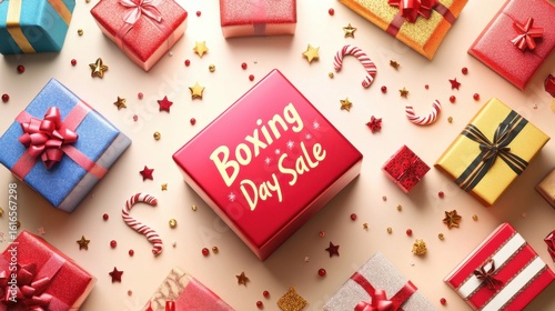 Beautifully arranged colorful gift boxes with ribbons and the Boxing Day Sale text, depicting the essence of festive shopping and joyful giving during holidays.