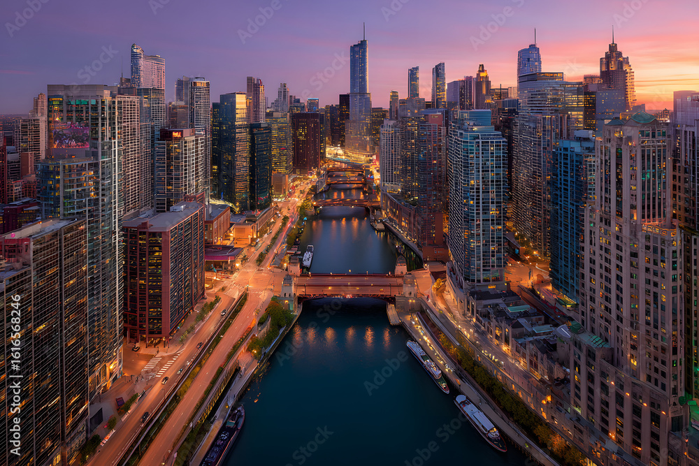 Fototapeta premium Chicago, Illinois, USA Aerial Cityscape at Dusk