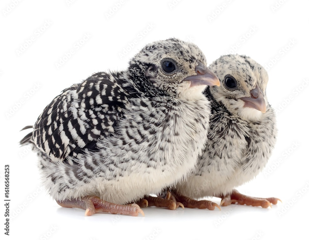 Fototapeta premium Two baby birds, side-by-side, against white