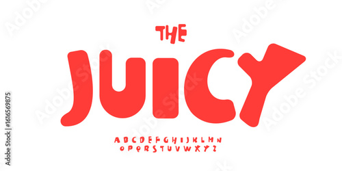 Red juicy alphabet, bold rounded letters, playful candy font for kids logo, fun headline, sweet treat typographic design, yum typography, cheerful carnival typeface. Vector typeset