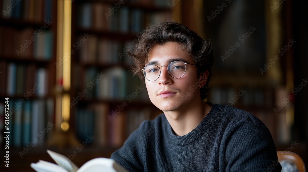 Fototapeta premium Young man reading a book in a quiet library during daylight hours