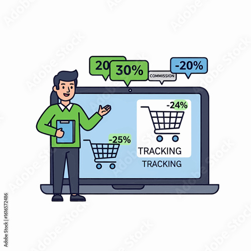 Affiliate marketing manager tracking online sales and commission rates on a laptop. E-commerce business analytics concept illustration.