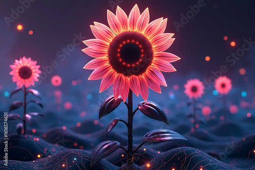 Neon Glow Surreal 3D Render of Pink Sunflowers in a Mystical Landscape
