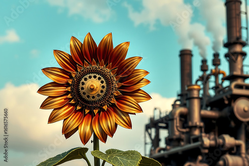 Steampunk Sunflower and Industrial Landscape A Unique Blend of Nature and Machinery
