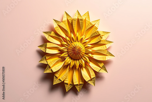 Top view of a stunning yellow papercraft sunflower. Intricate origami flower with detailed folded petals on a minimalist pastel pink background.