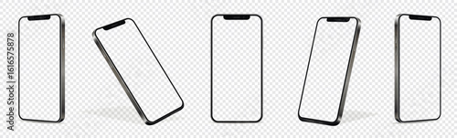 Mobile phone mockups, set of phones transparent screen in different angles isolated on transparent background