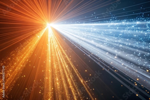 Bright orange and blue light streams converging into a bright white light