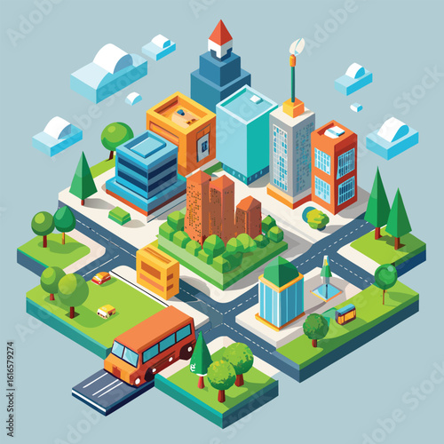 Isometric Cityscape Illustration with Buildings Trees Roads and Transportation Elements