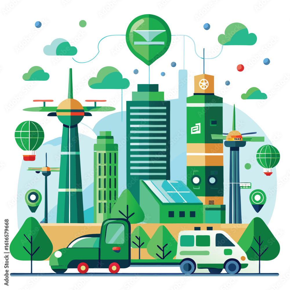 Fototapeta premium Green Cityscape Illustration with Modern Buildings Vehicles and Sustainable Energy Elements