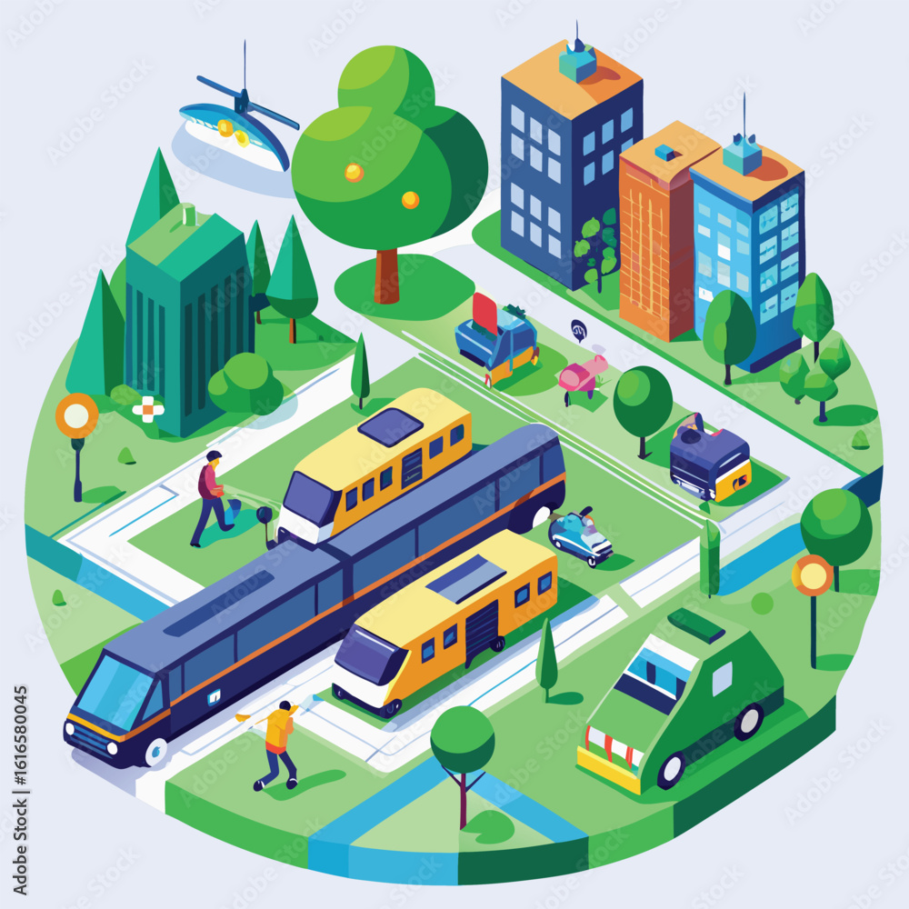 Fototapeta premium Isometric Cityscape with Transportation Buildings and Green Spaces in a Modern Style