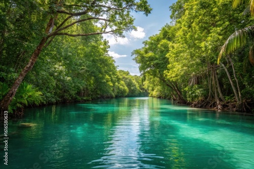 Serene turquoise river winding through lush green forest canopy