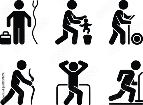 Collection of six stick figure icons representing different activities and professions