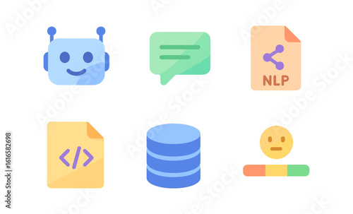 Modern flat icons: ai, chat, code, nlp, database, sentiment
