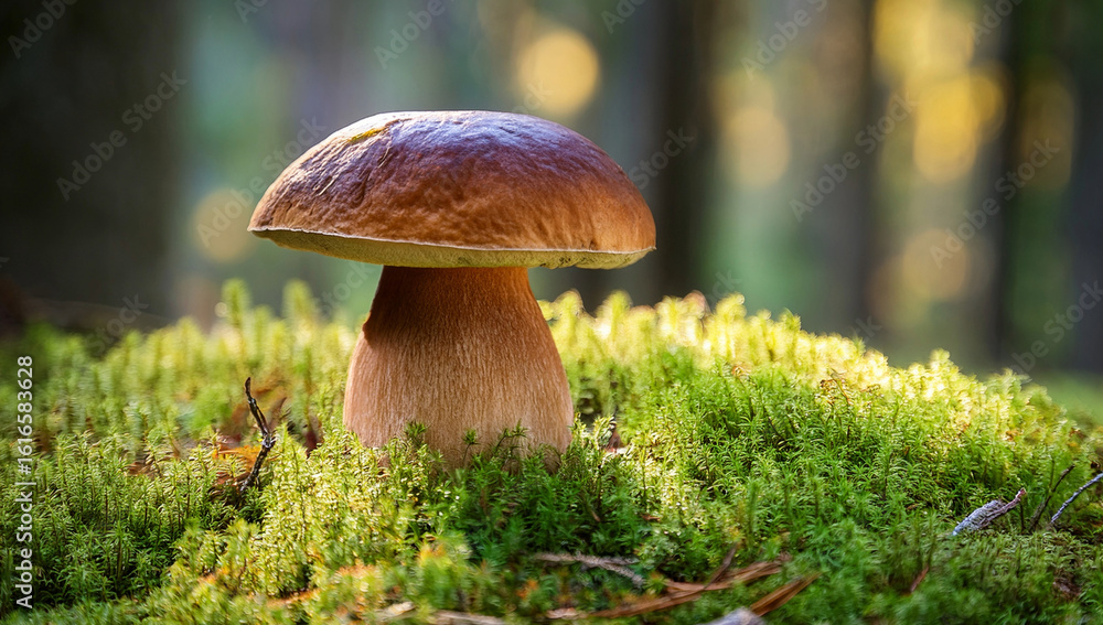 Fototapeta premium A single porcini mushroom grows on lush green moss in a serene forest setting, bathed in soft golden light through blurred trees.