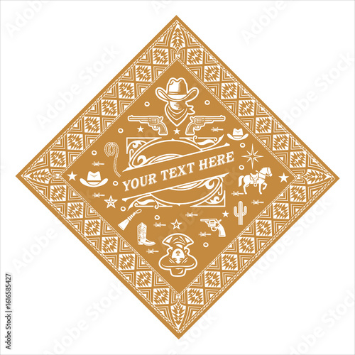 Vector art of gold western bandana with cowboy motifs isolated on white background