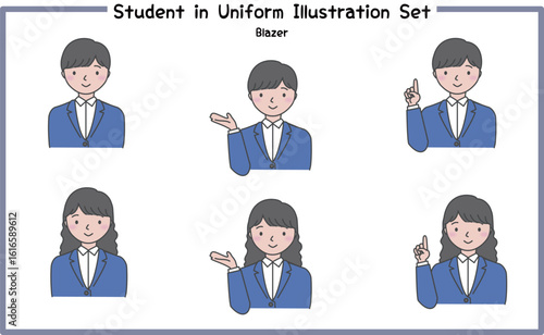 制服姿の学生 イラストセット1-2 (ジャケット) / Student in Uniform, Character Pose Set