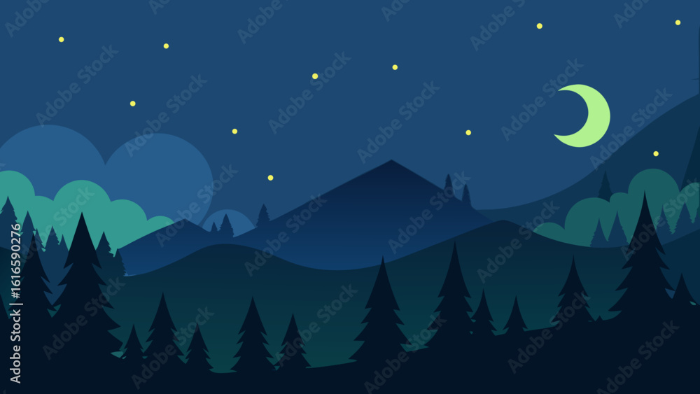 Fototapeta premium Starry night forest landscape with a moonlit sky and silhouette trees
