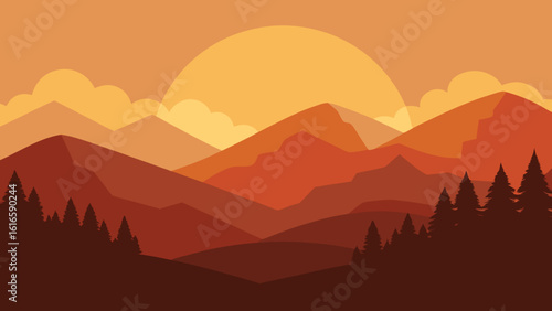 Misty mountain landscape at sunrise with a vibrant sky