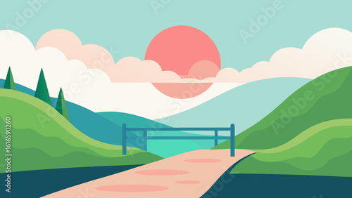 A vibrant summer landscape with green hills, a winding road, and majestic mountains under a blue sky with soft clouds
