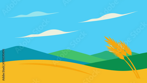 Vector illustration of a summer landscape with green grass, blue sky, and distant hills, evoking a serene natural environment