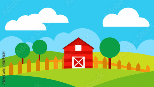 A vibrant cartoon landscape features a charming country house nestled among green trees and rolling hills under a summer sky with fluffy clouds