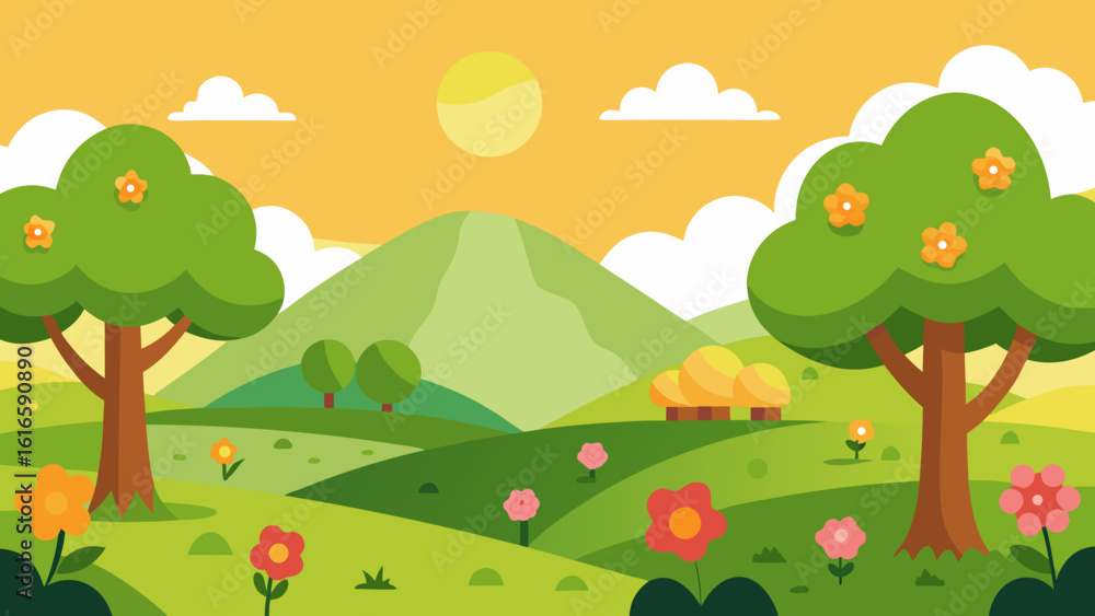 Obraz premium A vibrant cartoon illustration captures a serene summer countryside landscape with green hills, a winding road, and a bright blue sky dotted with fluffy clouds, leading to distant mountains