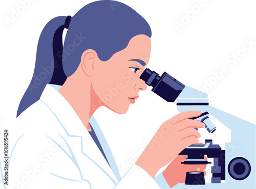 Focused Woman in Lab Coat Using Microscope for Scientific Research, Discovery