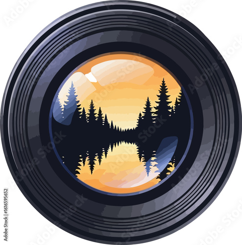 Modern Lens with a Forest Landscape Reflected in the Glass