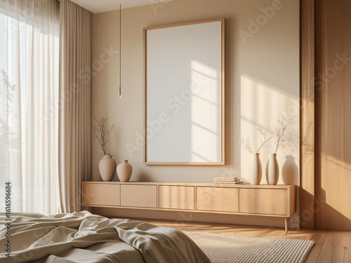 Bright and elegant Japandi style bedroom mockup with vertical wooden frame and minimalist sideboard featuring soft textures and natural materials