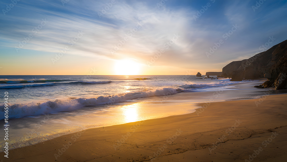 Golden Hour Glow over Serene Coastal Beach with Gentle Waves and Stunning Sunset Scenery Panorama Golden Hour Glow over Serene Coastal Beach with Gentle Waves and Stunning Sunset Scenery Panorama
