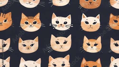 Cute cat faces on dark background