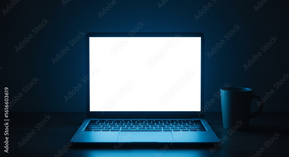 Fototapeta premium Laptop with blank screen and coffee cup in a dimly lit room.