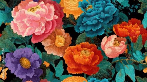 Vibrant, textured floral pattern against a deep black background, with rich hues and detailed blooms