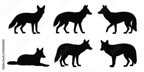 Set of six canine silhouettes showing dynamic poses including walking, standing, and lying down, ideal for wildlife, design, and editorial use.