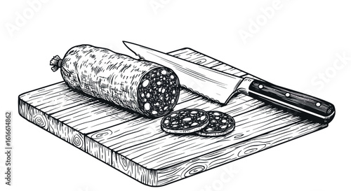 Rustic hand drawn salami and knife on cutting board sketch