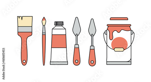 Art supplies set: brushes, paint, and palette knives in flat design