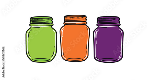 Colorful mason jars trio in pop art style on white background