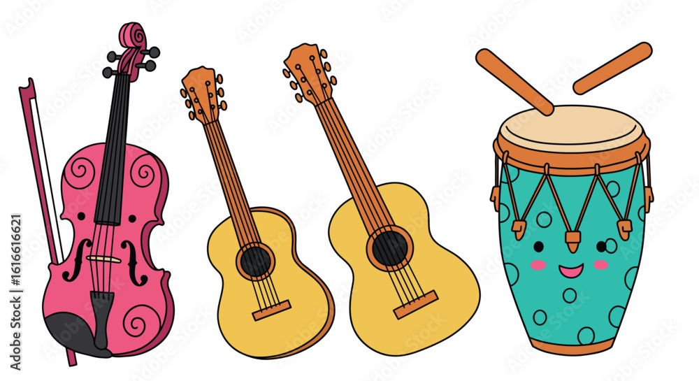 Fototapeta premium Colorful musical instruments with cute designs: violin, guitar, drum