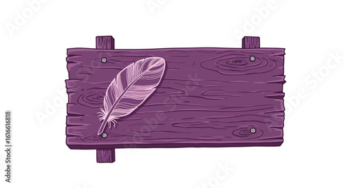 Purple wooden sign with feather decorative design on white background
