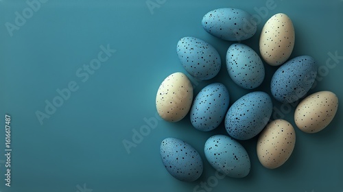 Colorful Speckled Eggs Arranged on a Blue Background Ready for Decoration and...