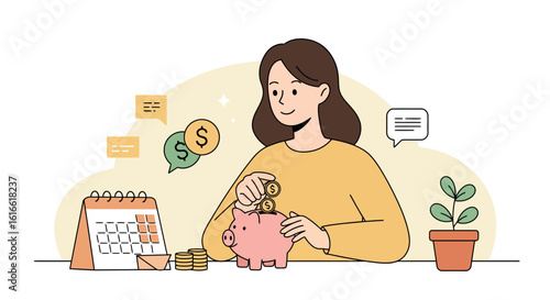 Woman saving money with piggy bank and planning finances in minimalist style