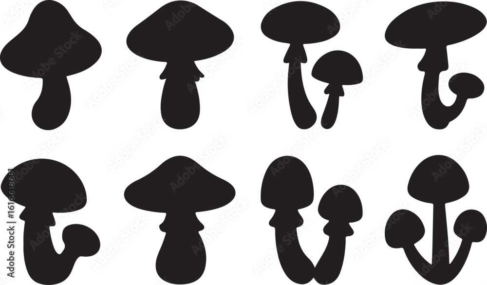 Various stylized mushroom silhouettes in black fungi white Various stylized mushroom silhouettes in black fungi white