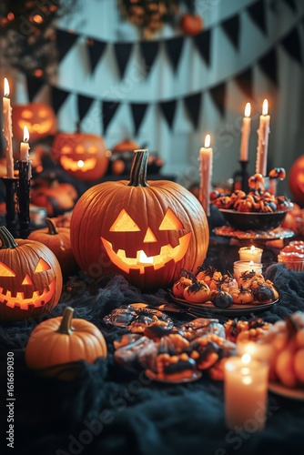 Creative Halloween Pumpkin Display With Candles and Decorations.