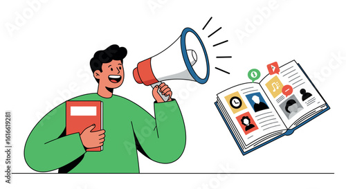 Person announcing new social media updates with megaphone and open book