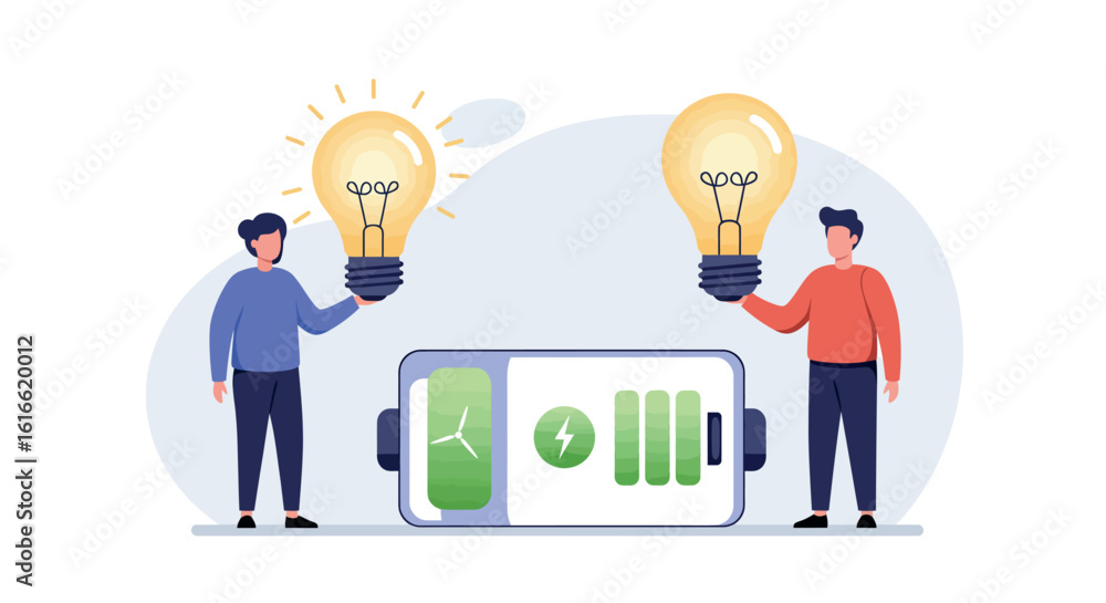 Eco-friendly energy concept featuring people with light bulbs and a battery Eco-friendly energy concept featuring people with light bulbs and a battery